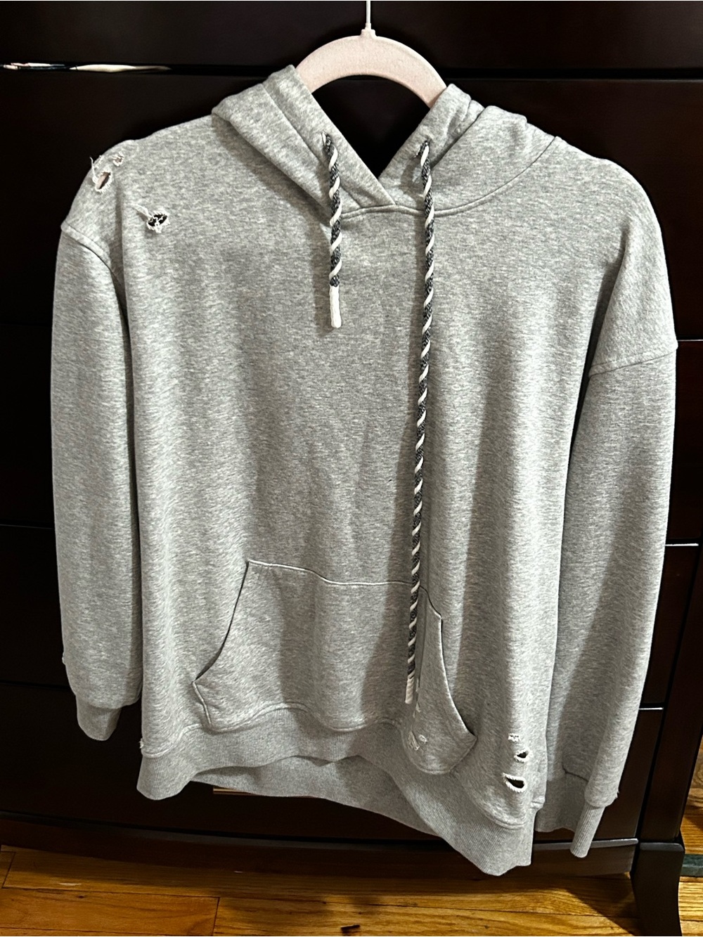 Women's Gray Distressed Pullover Hoodie Sweatshirt